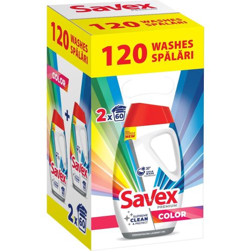 Savex Premium Color течен перилен препарат за цветно пране, 2 бр. х 2.7 л, 120 пранета (5.4 л)