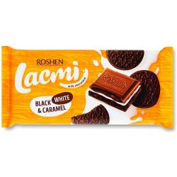Roshen Lacmi Black White & Caramel млечен шоколад с пълнеж и бисквитка (100 г)
