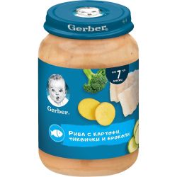 Gerber пюре риба с картофи, тиквички и броколи, от 7-ия месец, бурканче (190 г)