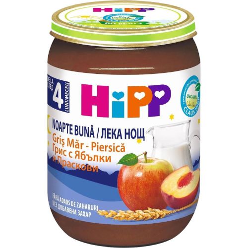 Hipp био млечна каша Лека нощ грис с ябълки и праскови (190 г)