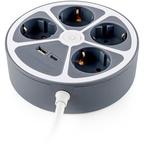 Muhler кръгъл разклонител с ключ, 4 бр. гнезда и 2 бр. USB порт А+С (1 бр.)