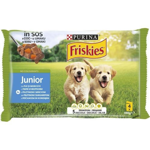 Purina Friskies Junior пауч храна за куче с пиле и моркови, 4 бр. х 100 г (400 г)