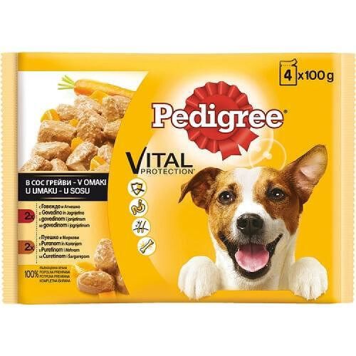 Pedigree Adult пауч в желе, говеждо, черен дроб и птиче, 4 бр. x 100 г (400 г)