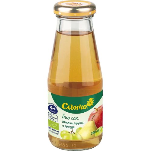 Слънчо бебешки биологичен сок ябълка, круша и грозде (200 мл)
