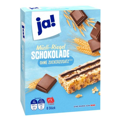 Ja! мюсли бар с шоколад и ниско съдържание на захар, 8 бр. х 25 г (200 г)