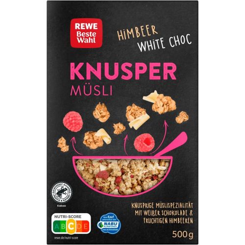 REWE хрупкави мюсли с малини и бял шоколад (500 г)