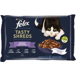 Purina Felix Tasty Shreds пауч за котки микс с говеждо, пилешко, сьомга и риба тон, 4 бр. 80 г (320 г)