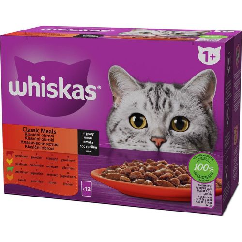 Whiskas пауч подбрани меса, храна за котки, 12 бр. х 85 г (1.02 кг)