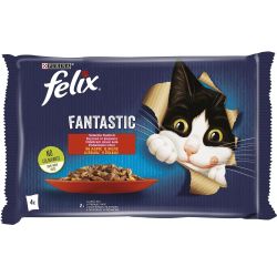 Purina Felix храна за котки в зряла възраст, грил в желе, говеждо и пиле, 4 бр. х 85 г (340 г)