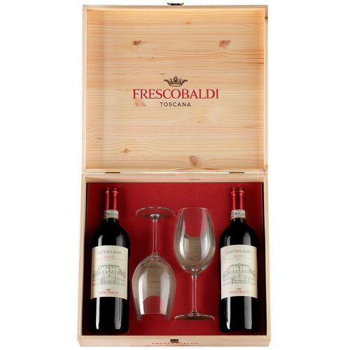 Frescobaldi червено вино Castiglioni Chianti 2 бр., 2 чаши, дървена кутия, Италия (1.5 л)