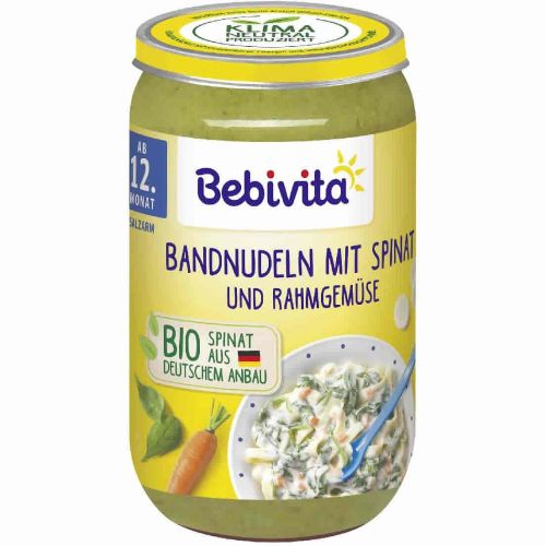 Bebivita пюре макарони със спанак, зеленчуци и сметана, 12+ месеца (250 г)
