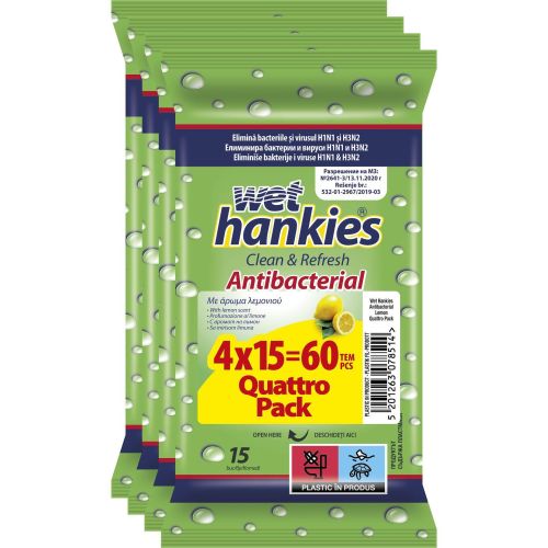 Wet Hankies влажни кърпички лимон, 4 х 15 бр., 2 + 2 гратис (1 бр.)