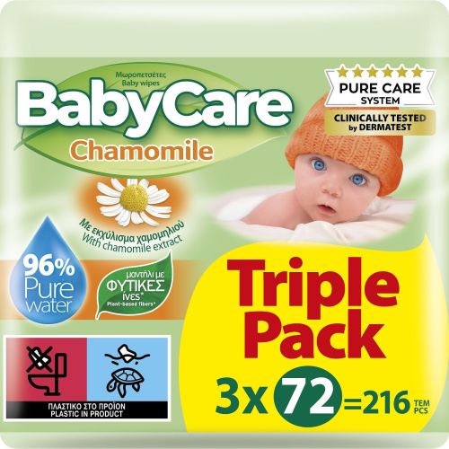 Baby Care Chamomile бебешки влажни кърпички, 3 бр. х 72 бр. (216 бр.)