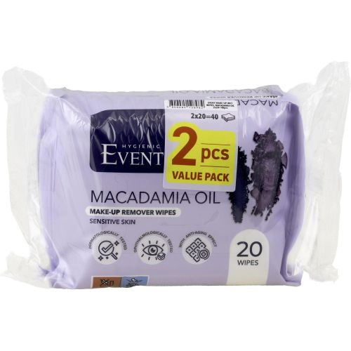 Event Macadamia влажни кърпи за грим с макадамия, 2 бр. х 20 бр. (40 бр.)