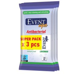 Event влажни кърпички лавандула, антибактериални, 3 бр. х 15 бр. (45 бр.)