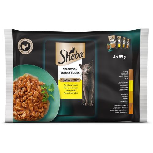 Sheba пауч храна за котки в желе с птиче месо, 4 бр. х 85 г (340 г)