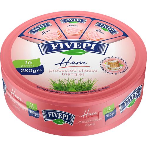 Fivepi топено сирене с шунка на сектори, 16 порции (280 г)