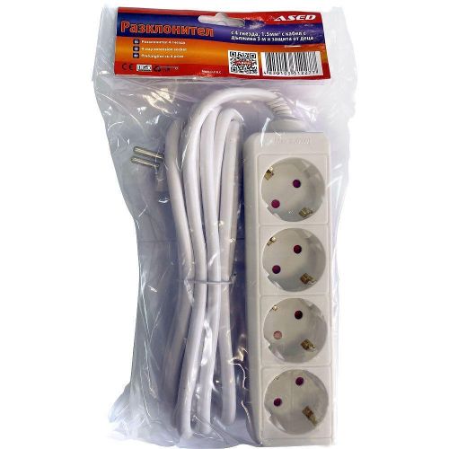 ASED разклонител с 4 гнезда, 1.5 кв. мм, кабел 3 м (1 бр.)