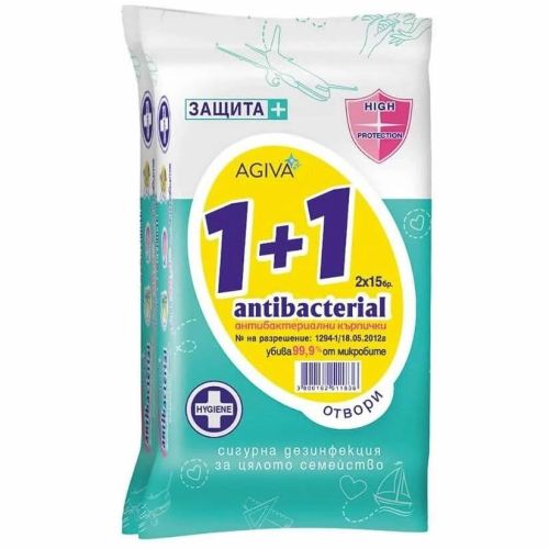Agiva влажи кърпички, антибактериални, 2 бр. х 15 бр. (30 бр.)