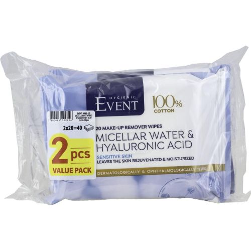 Event мицеларни валжни кърпи за грим с хиалоронова киселина, 2 бр. х 20 бр. (40 бр.)