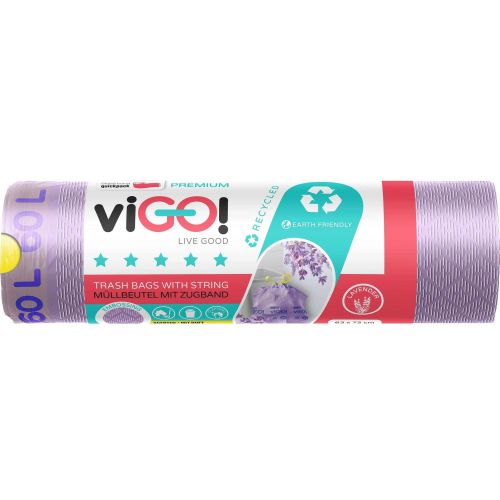 viGO! Premium торби за боклук лавандула с връзки, 60 л (8 бр.)