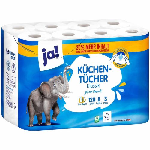 JA! трипластова кухненска хартия, 8 бр. х 128 парчета (1 бр.)