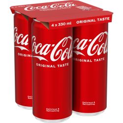 Coca-Cola Original Taste газирана безалкохолна напитка, кен, 4 бр. х 330 мл (1.32 л)