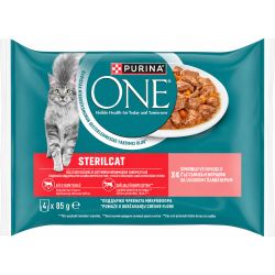 Purina One Sterilcat мокра храна за кастрирани котки с мини филенца със сьомга и моркови в сос, 4 бр. х 85 г (340 г)