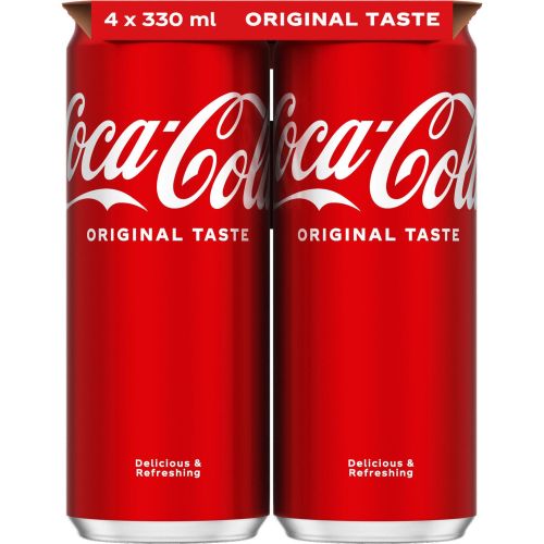 Coca-Cola Original Taste газирана безалкохолна напитка, кен, 4 бр. х 330 мл (1.32 л)