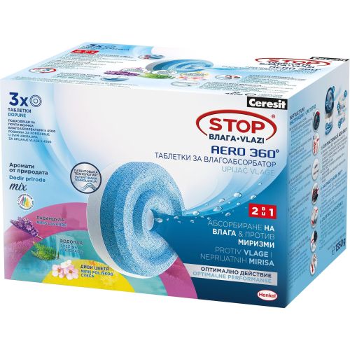 Cerasit Aero 360 таблетки за влагоабсорбатор, микс аромати с етерични масла, 2 бр. х 450 г (1 бр.)