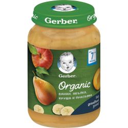 Gerber био пюре от банан, ябълка, круша и праскова, от 7 месеца (190 г)