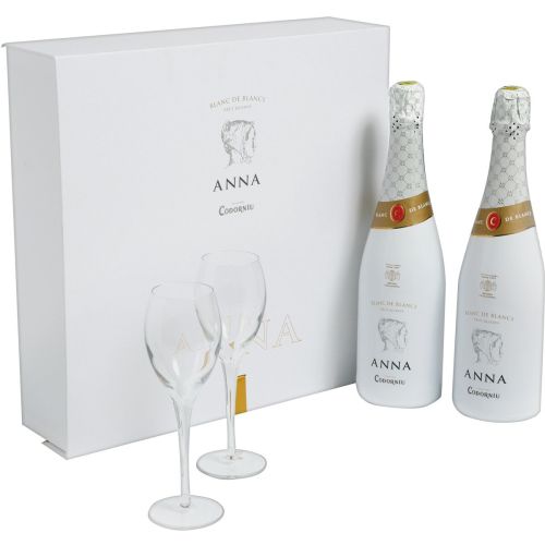 Codorníu бяло вино Anna Blanc de Blancs Cava 2 бр., 2 чаши, подаръчна кутия, Испания (1.5 л)