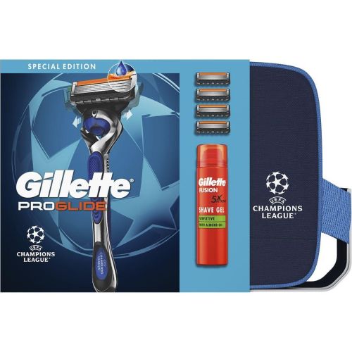 Gillette Pro Glide комплект самобръсначка с 4 ножчета, Fusion гел за бръснене 200 мл, несесер Шампионска лига (1 бр.)