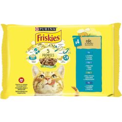 Purina Friskies Adult пауч храна за котка с хапки сьомга в сос, 4 бр. х 85 г (340 г)