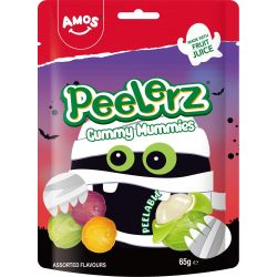 Amos Halloween Peelerz Mummy желирани бонбони микс ябълка, портокал, ягода, белещи се (65 г)
