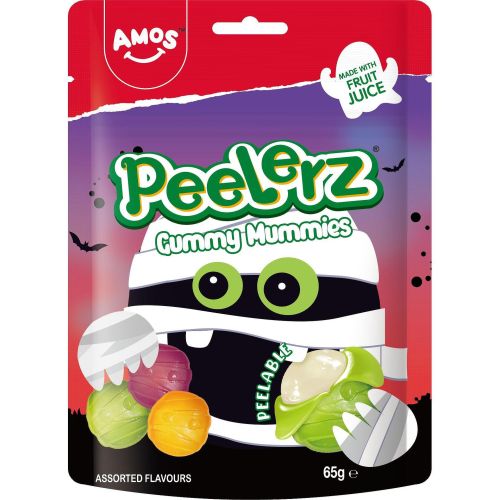 Amos Halloween Peelerz Mummy желирани бонбони микс ябълка, портокал, ягода, белещи се (65 г)