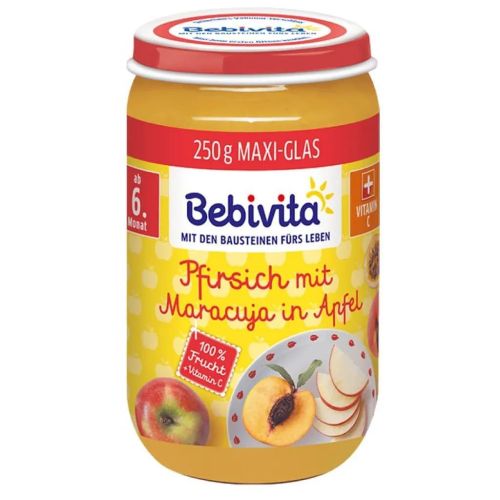 Bebivita био пюре ябълка с праскови и маракуя, 6+ месеца (250 г)