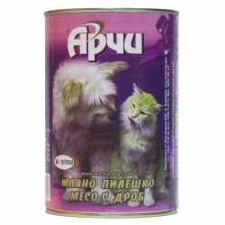 Арчи храна за кучета, мляно пилешко месо и дроб, консерва (1.1 кг)