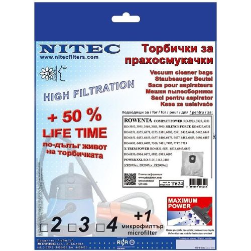 Nitec Filters 3 броя торбички за прахосмукачка, 2 филтъра за Rowenta (1 бр.)