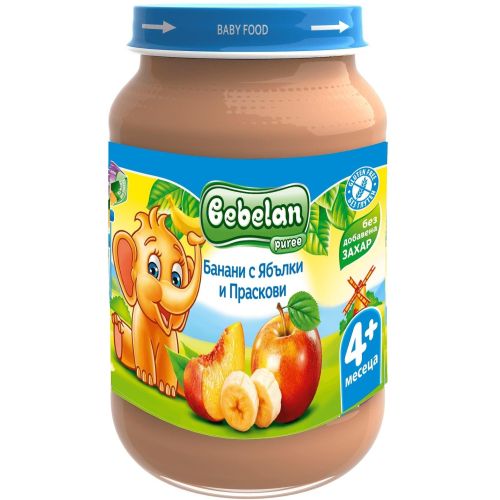 Bebelan пюре с банани, ябълки праскови, без добавена захар, 4+ месеца (190 г)