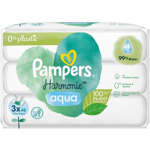 Pampers Aqua Pure мокри кърпички с 0% пластмаса, 3 пакета х 48 бр. (144 бр.)