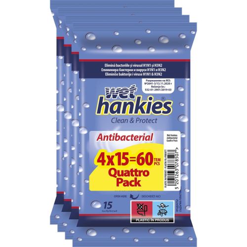 Wet Hankies влажни кърпички почистващи, 4 х 15 бр., 2 + 2 гратис (1 бр.)