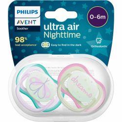Avent Ultra Air ортодонтски залъгалки нощ, 2 бр., 0 - 6 месеца (1 бр.)