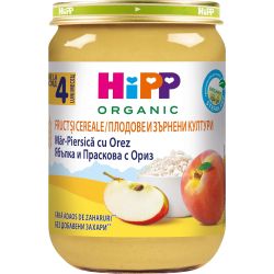 Hipp био плодово пюре праскова, ябълка и пълнозърнест ориз (190 г)