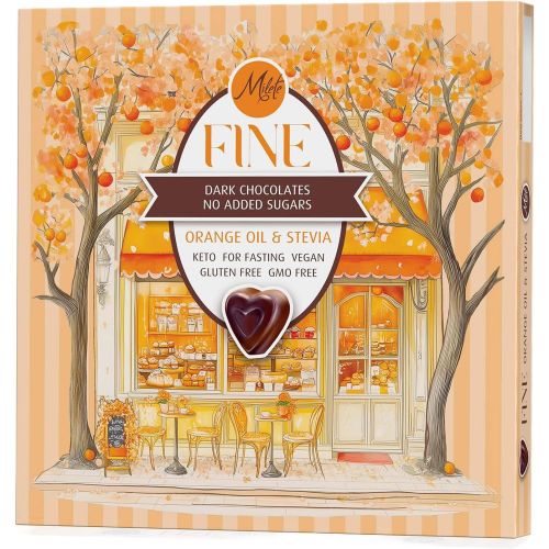 Milete Fine шоколадови бонбони с черен шоколад, еритритол, стевия и портокалово масло, без глутен, без захар (80 г)