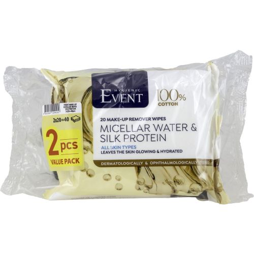 Event мицеларни влажни кърпи за грим с копринен протеин, 2 бр. х 20 бр. (40 бр.)
