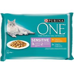 Purina One Cat Sensitive храна за котки с чувствително храносмилане с пиле и риба тон, 4 бр. х 85 г (340 г)