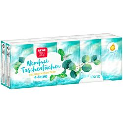REWE носни кърпички, четирипластови с етерично масло, 10 пакета х 10 къса (10 бр.)