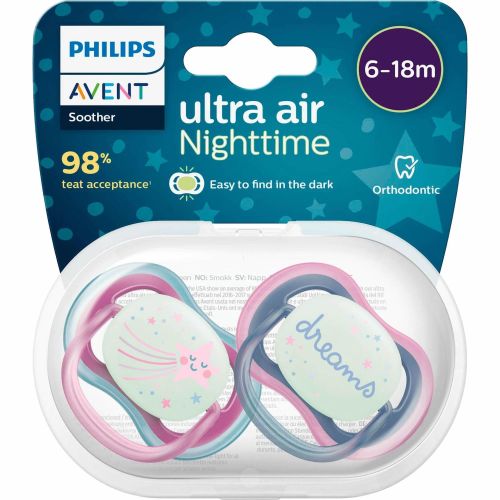 Avent Ultra Air ортодонтски залъгалки нощ, 2 бр., 6 - 18 месеца (1 бр.)