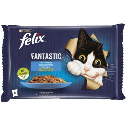 Purina Felix храна за котки в зряла възраст, грил в желе, сьомга и писия, 4 бр. х 85 г (340 г)
